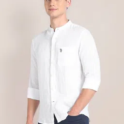 U.S. Polo Assn. Men Slim Fit Band Collar Solid Linen Casual Shirt-picture-31