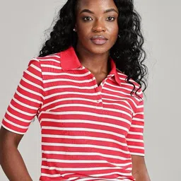 Tommy Hilfiger Women Brand Logo Striped Polo Collar T-shirt-image-60