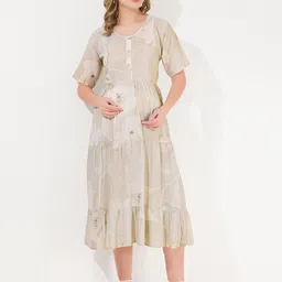 QUIRA Floral Printed Tiered Maternity Fit & Flare Midi Maternity Dress-picture-18