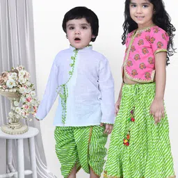 BownBee Boys White & Green Solid Kurta with Dhoti Pants-picture-10
