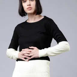 Tokyo Talkies Women White & Black Colourblocked Sweater-image-83