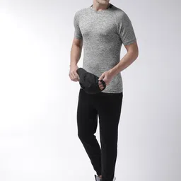 CHKOKKO Men Grey & Black Self Design Round Neck Training T-shirt image 5
