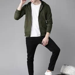 Roadster Men Olive Green Solid Hooded Sweatshirt image 5