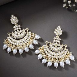 Peora Gold-Plated Kundan Crescent Shaped Drop Earrings-picture-47