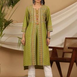Juniper Green Tribal Printed Rayon Kurta With Lace-picture-46