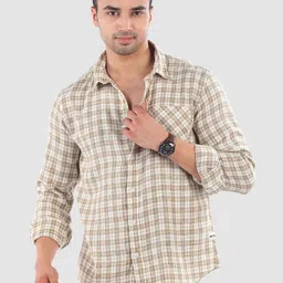 Beyoung Men Classic Beige Plaid Check Cotton Shirt-picture-34