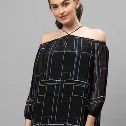 Globus Black Checked Halter Neck Georgette Top-image-17