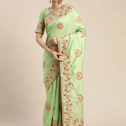 Om Shantam Sarees Sea Green & Pink Silk Blend Embroidered Banarasi Saree image 1
