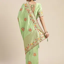 Om Shantam Sarees Sea Green & Pink Silk Blend Embroidered Banarasi Saree image 2