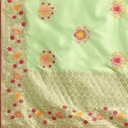 Om Shantam Sarees Sea Green & Pink Silk Blend Embroidered Banarasi Saree image 4