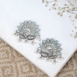 Teejh Nirwanshi Green Peacock Silver Oxidized Drop Earrings-picture-17
