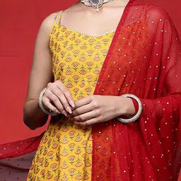 Varanga Floral Printed Pure Cotton Shoulder Straps Anarkali Kurta With Sharara & Dupatta image 5