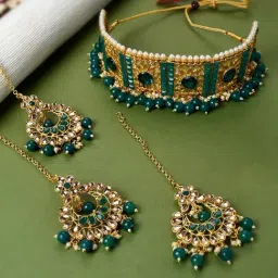 Zaveri Pearls Green Stones Beads Traditional Choker Necklace, Earring Maangtikka Set-ZPFK9919-image-61