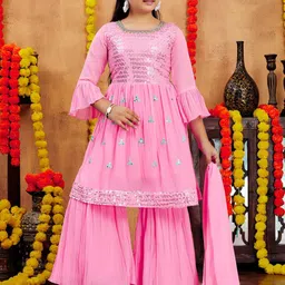 Aarika Girls Ethnic Motifs Embroidered Sequinned Kurta with Sharara & With Dupatta-picture-19