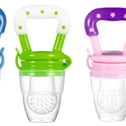 ROFORUF Silicone Fruit and Food Baby Feeder/Squeezer/Pacifier/Nibbler Feeder for Fruit and Veggie with Easy Grip Handle, Pacifier Feeder for New Born Baby 3-12 Months (Pack of 4) (Blue,Pink,Yellow & Green) image 1