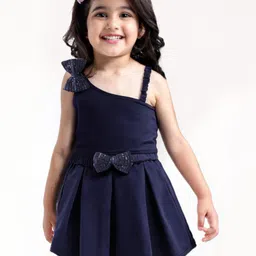 Babyhug Woven Sleeveless Party Assymetrical Top & Pleated Skirt with Bow Applique - Navy Blue-picture-13