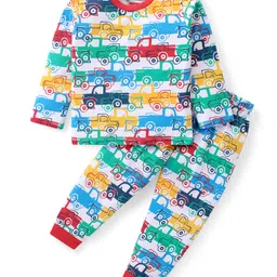 Babyhug Cotton Knit Full Sleeves Night Suit with Truck Print - White-picture-16