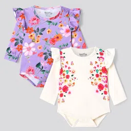 Bonfino 100% Cotton Knit Full Sleeves Onesies With Floral Print & Frill Detailing Pack Of 2 - White & Purple-picture-29