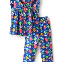 Babyhug Cotton Knit Frill Sleeves Front Open Co-Ord Night Suit with Floral Print - Blue-picture-23