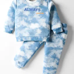 ToffyHouse Fleece Knit Full Sleeves T-Shirt & Lounge Pant Co-Ord Set with Tie Dye Print - Stone Blue-image-2