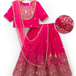 Babyhug Woven Half Sleeves Choli Lehenga Set with Dupatta Embroidery & Sequin Detailing - Dark Pink-picture-18
