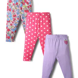 Babyhug Cotton Knit Full Length Leggings With Floral & Polka Dots Pack Of 3 - Pink & Purple-image-71