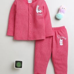 BUMZEE Cotton Knit Full Sleeves Thermal T-Shirt & Lounge Pant With Stripes & Animal Print - Dark Pink-picture-2