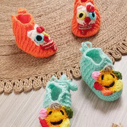 MayRa Knits Hand Knitted Pack Of 2 Floral Designed Booties - Blue, Orange-picture-18