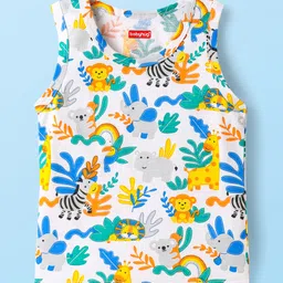 Babyhug 100% Cotton Single Jersey Knit Sleeveless Sandos With Striped & Animal Print Pack Of 3 - Green White & Yellow image 2