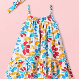 Babyhug Rayon Woven Sleeveless Tiered Frock with Headband & Floral Print - White image 2