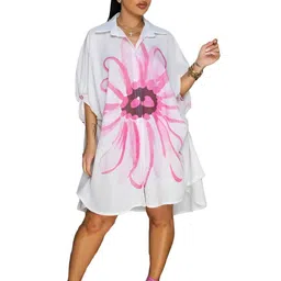 HERE&NOW Women Pink Floral Print Shirt Collar A-Line Dress image 3