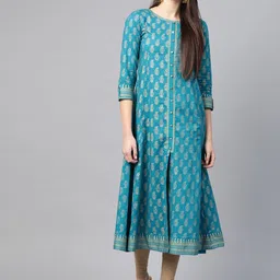 YASH GALLERY Women Blue & Golden Printed Cotton A-Line Kurta image 1
