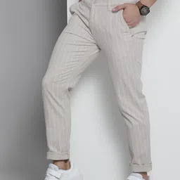The Indian Garage Co Men Beige Striped Slim Fit Trousers-picture-15