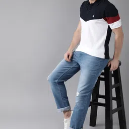 Roadster Men White  Navy Blue  Colourblocked Polo Collar Pure Cotton T-shirt image 5