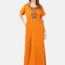 KOI SLEEPWEAR Woman Orange & Green Embroidered Cotton Nightdress With Pockets-picture-27