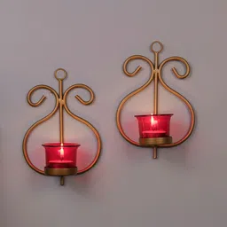 Homesake Set of 4 Gold-Toned & Red Candle Holders With Candles-picture-36