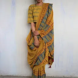 Chidiyaa Mustard Block Printed God Saree-picture-47