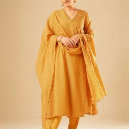 Jaypore Women Mustard Yellow Hand Embroidered Loose Fit Kurta-image-46
