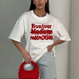 LULU & SKY Women Typography Printed Pure Cotton T-shirt image 4