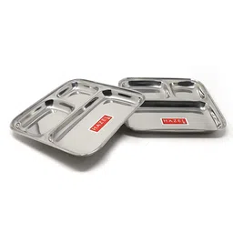 HAZEL Compartment Plate Set Of 2 | Pav Bhaji Plates for Restaurant| Steel Bhojan Thali | Steel Plate With Compartments for Event, Party | 25 cm-image-3
