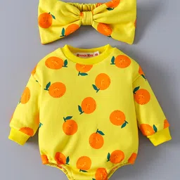 Kookie Kids Full Sleeves Winter Wear Onesies & Headband with Tangerine Print- Yellow-picture-19