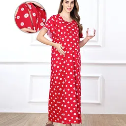 Bella Mama Cotton Knit Half Sleeves Concealed Zipper Floral Print Nighty - Red-picture-18