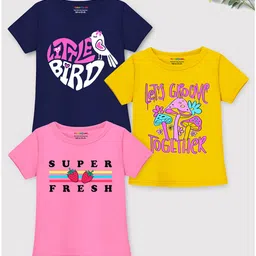 Trampoline Cotton Blend Pack Of 3 Half Sleeves Little Birdie & Super Fresh Text Printed Tees - Yellow Pink & Blue-picture-18