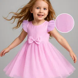 Babyhug Woven Frill Sleeves Solid Mesh Party Dress With Bow Applique - Pink-picture-17