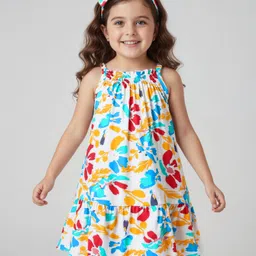 Babyhug Rayon Woven Sleeveless Tiered Frock with Headband & Floral Print - White-picture-14