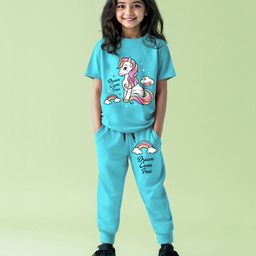 Trampoline Cotton Blend Half Sleeves Dream Come True Text Printed Tee & Coordinating Track Pants Set - Sky Blue-picture-21