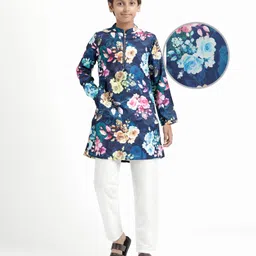 Pine Kids Woven Full Sleeves Kurta Pajama Set with Floral Print - Navy Blue & White-picture-16