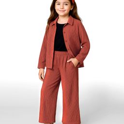 arias by lara dutta Arias Knit Full Sleeves Relaxed Fit Shirt & Flared Pant Set With Rib Top - Rust Orange-picture-0