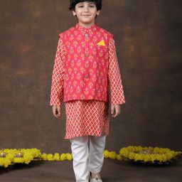 Superminis Cotton Woven Full Sleeves Geometric Printed Kurta & Pyjama With Nehru Jacket Set - Pink-picture-5