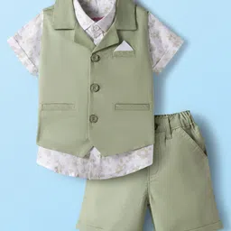 Babyhug Cotton Woven Half Sleeves Floral Printed Shirt & Shorts Set with Jacket - Light Green-picture-25